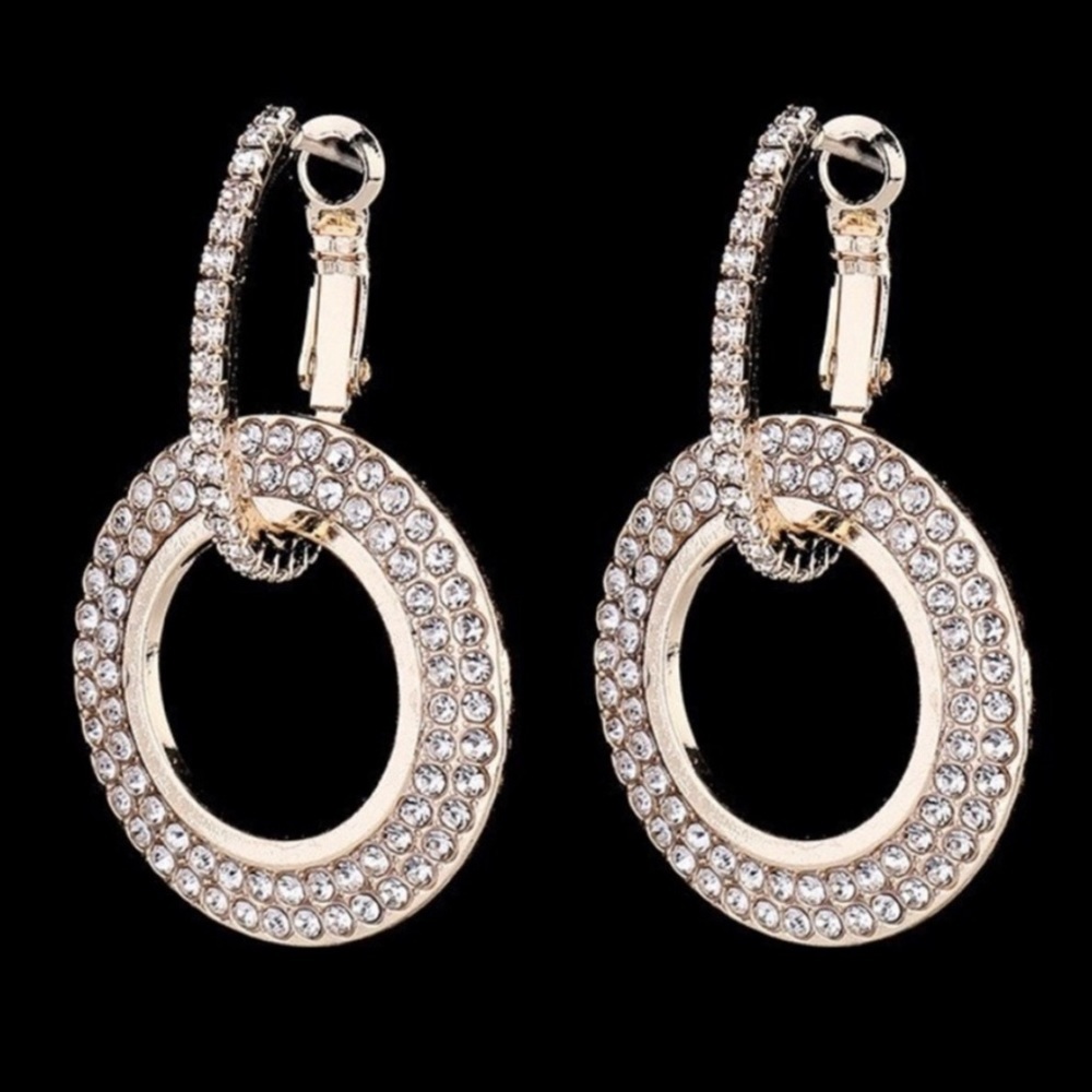 Rose Gold Bling Double Looped CZ Circle Hoops Dangling Earrings NWOT